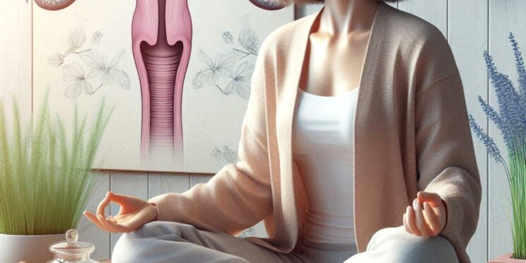 Woman's picture meditating in Walk IN GYN Care's article discussing menopause with a picture of uterus