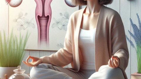 Woman meditating with a uterus illustration in Walk In GYN Care's article on menopause.