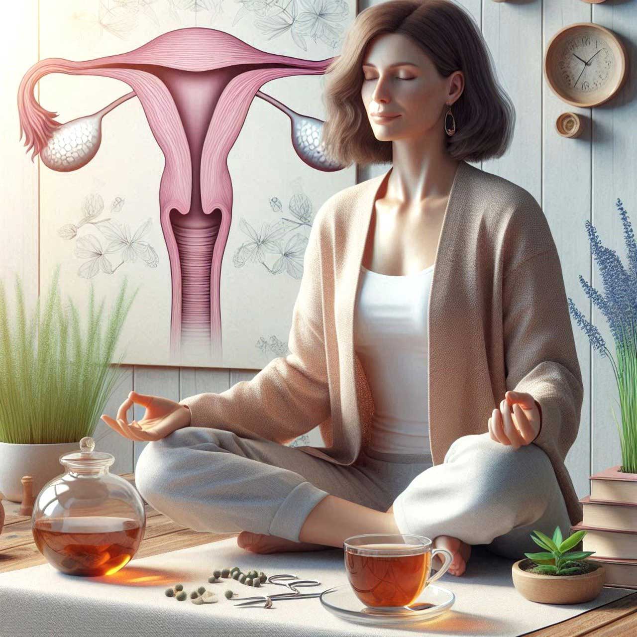 Woman meditating with a uterus illustration in Walk In GYN Care's article on menopause.