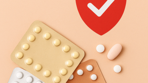 Oral contraceptive blister packs with safety symbol, representing birth control pill safety, prescription regulations, and women’s health care at Walk In GYN Care.