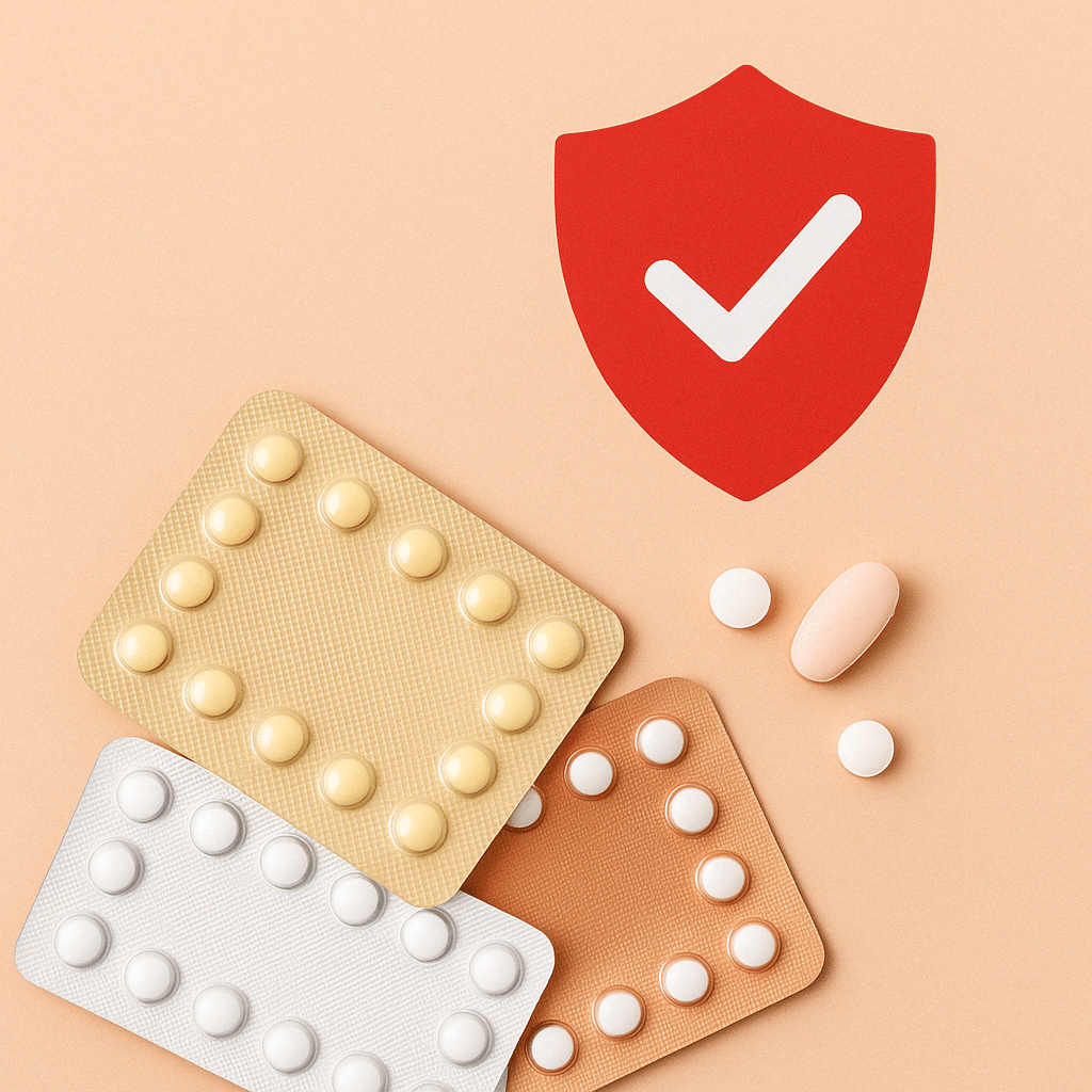 Oral contraceptive blister packs with safety symbol, representing birth control pill safety, prescription regulations, and women’s health care at Walk In GYN Care.