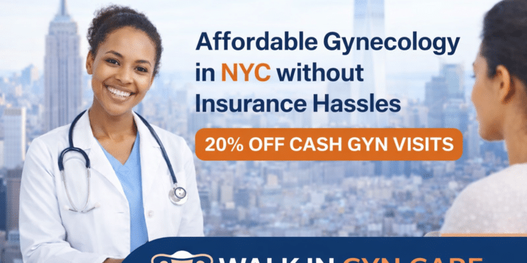 Affordable gynecology in NYC without insurance, featuring Walk In GYN Care with transparent pricing and 20% off cash visits