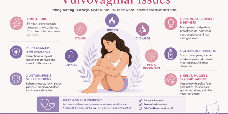 Infographic illustrating the top causes of vulvovaginal symptoms including itching, burning, abnormal discharge, vaginal dryness, pain, hormonal changes, infections, autoimmune skin conditions, allergies, inflammation, and nerve-related disorders, created by Walk In GYN Care.